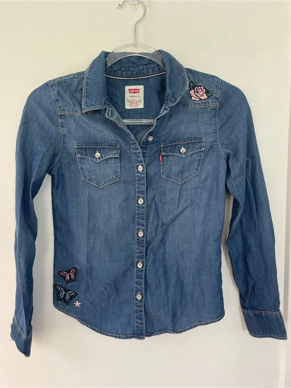 Levi’s Girls Button Down Chambray Shirt 10 Embroidered Western Boho